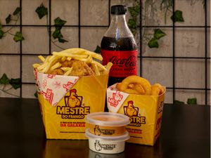 Combo Casal - Filezinho c/ Batata ou Polenta (600g)+ Anéis de Cebola+ Coca 600ml