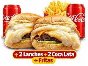 2 hambúrgueres 4 queijos + 2 coca lata + 2 fritas
