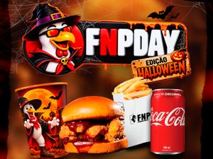 BURGER ASSUSTADOR BBQ + PORÇÃO DE FRITAS PP + COCA LATA + COPO HALLOWEEN