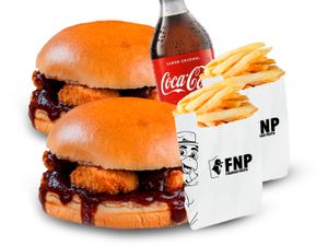 Combo 2 Burguer Frango Frito + 2 Fritas no saquinho + Refri 600ml  Serve 2