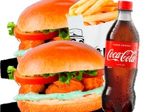 2 Burguer salada+ 1 Porção  kids  de Fritas+ coca 600