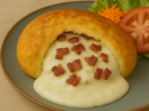 Batata Suíça Bacon c/ Catupiry/ Queijo Muçarela/ Cebola