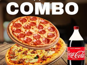 2 PIZZAS  GRANDES, 1 MUSSARELA +1 CALABRESA + COCA 2LTS