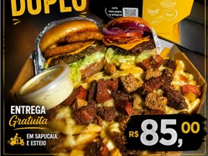 2 burgers com batata, mussarela e carnes